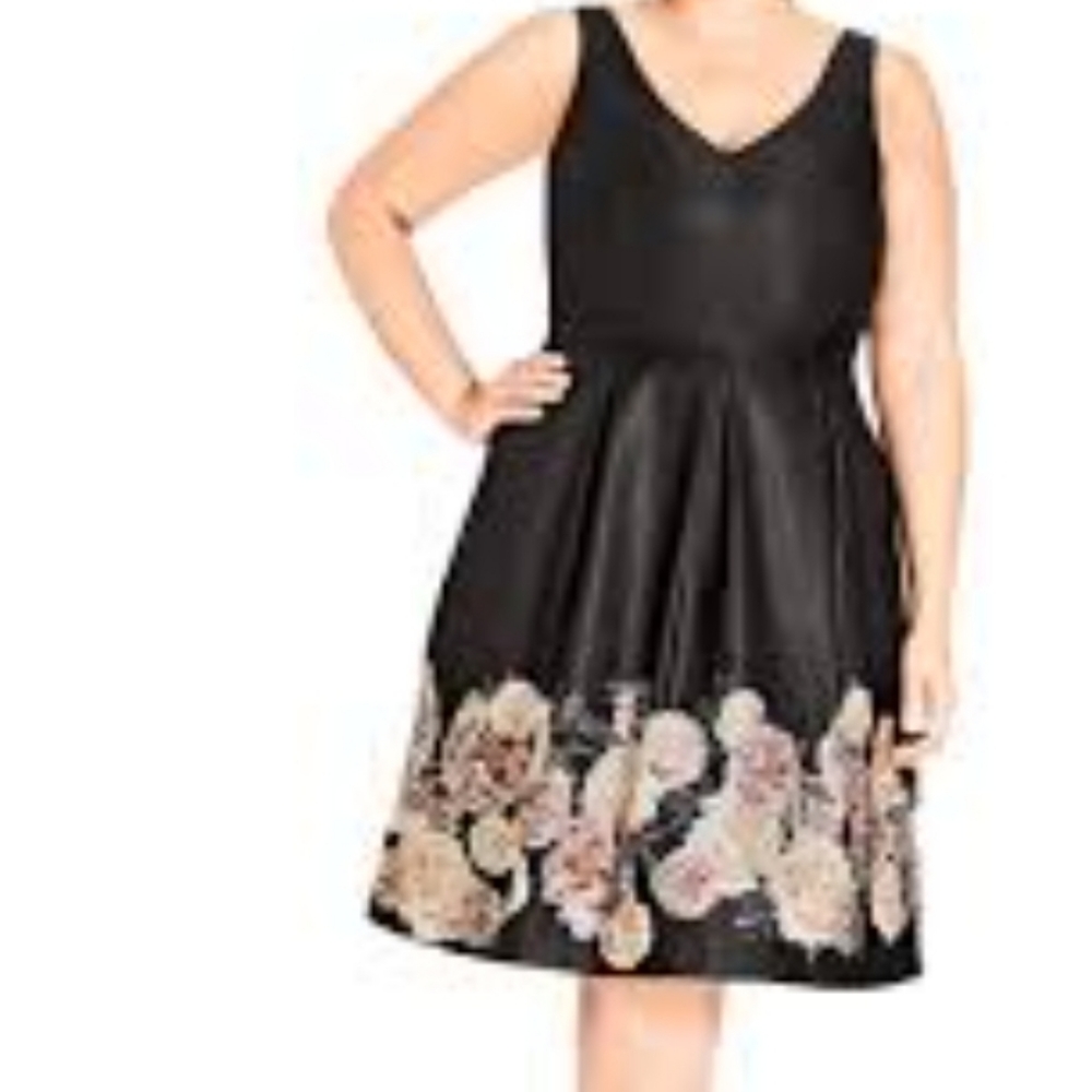 City Chic Black Floral-Trim Fit & Flare Dress